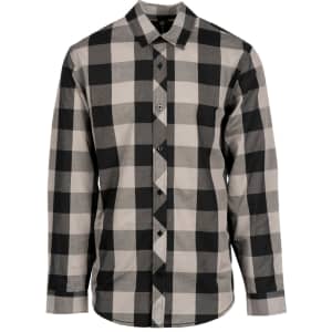 A long sleeve button-up shirt featuring a black and grey buffalo check pattern and a logo on the chest.