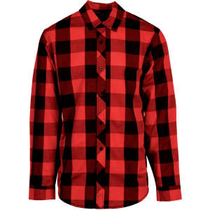 A men's long sleeve shirt in red and black buffalo plaid design, featuring a button-up front and collar.