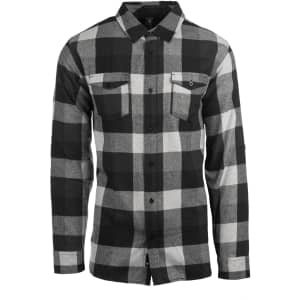 A men's long-sleeve flannel shirt in black and grey plaid, featuring button-up closure and a logo.