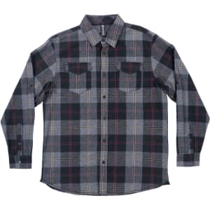 A men's long-sleeve plaid flannel shirt in black, grey, and red, featuring button-up front and two chest pockets.