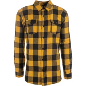 A short sleeve flannel shirt in yellow and black check pattern, featuring two front pockets and a button-up design.