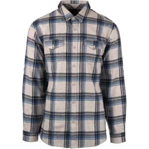 A grey plaid flannel shirt with blue accents, featuring a button-up design and long sleeves. It has a logo on the back.