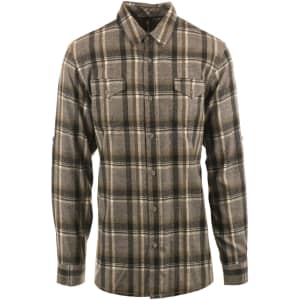 A men's long-sleeve plaid flannel shirt in grey and yellow tones with a button-up front and a logo.