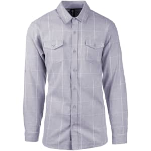 A grey yarn-dyed flannel button-up shirt with a checked pattern and two chest pockets.