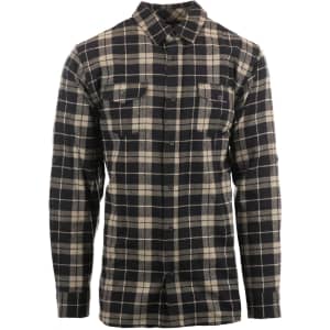 A men's long-sleeve plaid flannel shirt featuring navy and grey colours, with a checkered pattern and a collar.