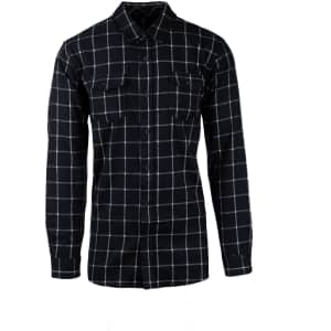 A black and white checked flannel shirt with a button-up front and two chest pockets, featuring a logo.
