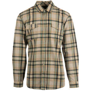 A man wearing a blue and beige plaid flannel button-up shirt with two chest pockets and a logo.