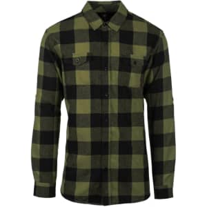 A button-up shirt featuring a green and black checkered pattern with long sleeves and two chest pockets.