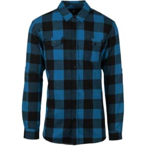 A blue and black check flannel shirt with long sleeves and two chest pockets, featuring a button-up front and collar.