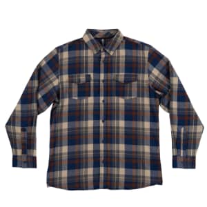 A short sleeve flannel shirt featuring a blue, brown, and cream plaid pattern, with two front pockets and a collar.