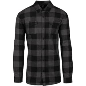 A black and grey checkered short sleeve yarn-dyed flannel shirt with two front pockets and a button-up design.