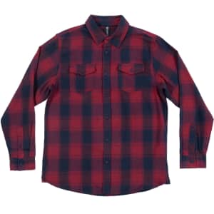 A red and navy check-patterned short sleeve flannel shirt with two chest pockets and a collar. It features a logo.