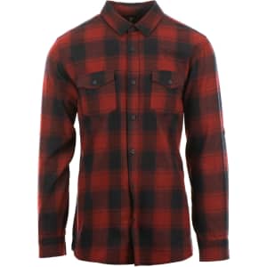A red and black check flannel shirt with a button-up design and two chest pockets. It features a collar and long sleeves.