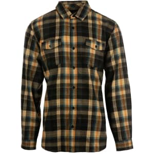A short sleeve yarn-dyed flannel shirt in black, brown, and orange plaid, featuring two chest pockets and a button-up front.