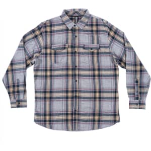 A button-up short sleeve flannel shirt in a blue and beige plaid design with two front pockets.