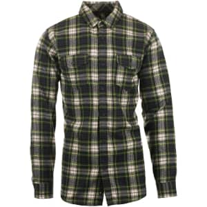 A short sleeve, yarn-dyed flannel shirt in green and black plaid, featuring two chest pockets and a logo.