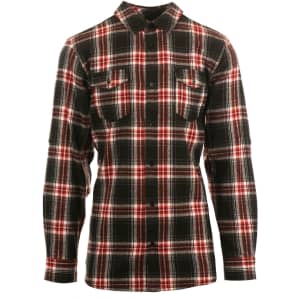 A flannel shirt featuring a black, red, and white plaid pattern with long sleeves and button-up front. It has two chest pockets and a logo.