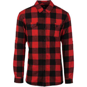 A red and black checkered short sleeve yarn-dyed flannel shirt with two chest pockets and a logo.