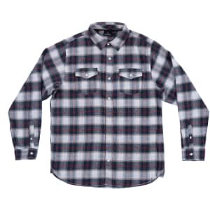 A short sleeve flannel shirt in a grey, white, and red check pattern, featuring two front pockets and a logo.