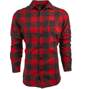 A red and grey plaid flannel button-up shirt featuring a chest pocket and long sleeves. The shirt has a logo.