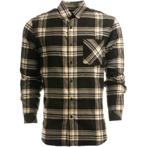 A black and grey checked flannel shirt with a button-up front and a single chest pocket. It features a logo.