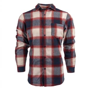 A red, navy, and cream plaid short sleeve yarn-dyed flannel shirt with a button-up front and a chest pocket.