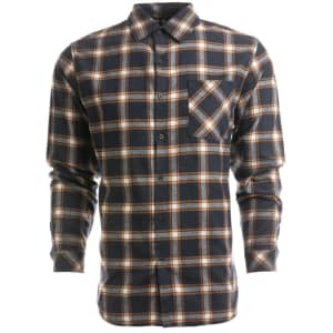 A button-up shirt featuring a navy and orange checkered pattern with a chest pocket and a logo.