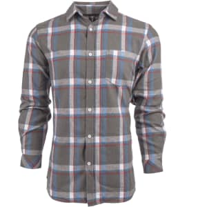 A short sleeve yarn-dyed flannel shirt featuring a grey and blue check pattern with red accents and a pocket.