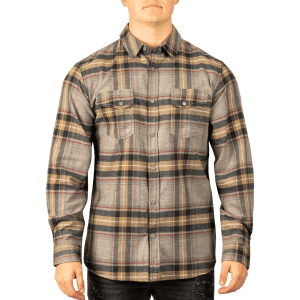 A man wearing a short sleeve, yarn-dyed flannel snap shirt in grey with a plaid pattern and two front pockets.