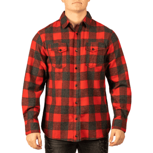 A flannel snap shirt with a red and black checkered pattern, featuring two chest pockets and a collar.