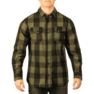 A short sleeve, yarn-dyed flannel snap shirt in green and black checkered pattern, featuring two chest pockets.