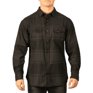 A black flannel snap shirt with long sleeves and two chest pockets. Features a logo on the shirt.