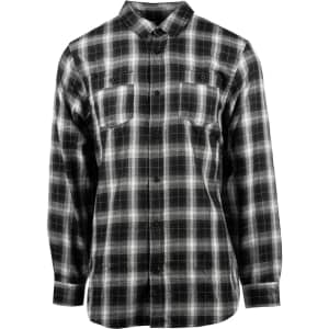 A black and white checked flannel work shirt with long sleeves, featuring a collar and back yoke detail.
