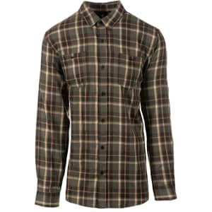 A check-patterned men's long-sleeve flannel work shirt in shades of green, tan, and brown, featuring two chest pockets and a logo.
