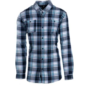 A men's long-sleeve flannel work shirt in blue and grey plaid, featuring two chest pockets and buttons.
