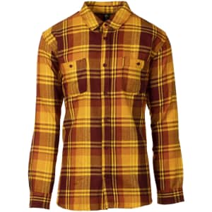 A flannel shirt featuring a yellow and burgundy plaid pattern with two front pockets. It has a button-up design.