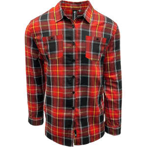 A flannel shirt featuring a red and black plaid pattern, with two chest pockets and a button-up design.