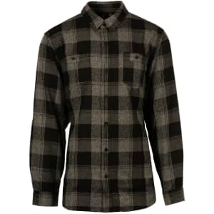 A flannel shirt in black and grey plaid, featuring long sleeves and a chest pocket. It has a logo on the label.