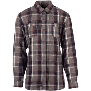 A flannel shirt in grey, red, and white plaid pattern with two chest pockets and a collar. It features a logo.