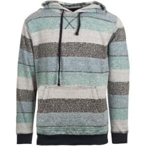 A fleece pullover in a striped pattern featuring shades of teal, grey, and cream, with a front pocket and hood.
