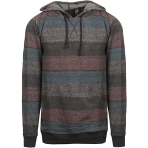 A fleece pullover in grey, black, and maroon stripes, featuring a hood and front pocket, with a branding logo.