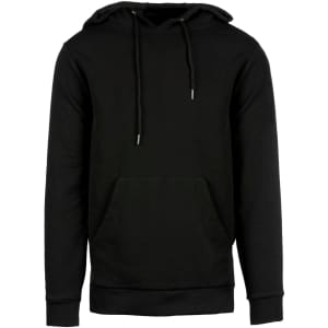 A black fleece pullover with a hood and front pocket. It features drawstrings and has a logo.