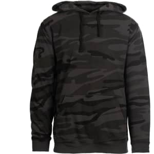 A camouflage-patterned pullover hoodie in shades of black and grey, featuring a front pocket and a hood.