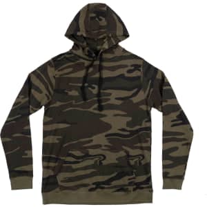 A camouflage pullover hoodie featuring a hood and front pocket, made from enzyme-washed French terry fabric.