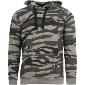A grey and black camo-patterned pullover hoodie with a front pocket and drawstrings. It features a logo on the chest.