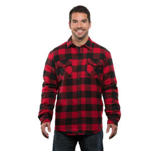 A flannel jacket in red and black check pattern, featuring a button-up front and two chest pockets. It has a logo.