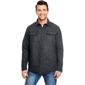 A man wearing a dark grey flannel jacket with poly lining and two chest pockets. The jacket has a button-up front.