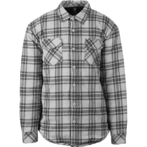 A flannel jacket in grey with a checked pattern, featuring two front pockets and a collar. It has a logo on the label.