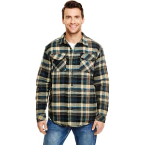 A flannel jacket with poly lining in blue, tan, and black checks, featuring two chest pockets and a button-up design.