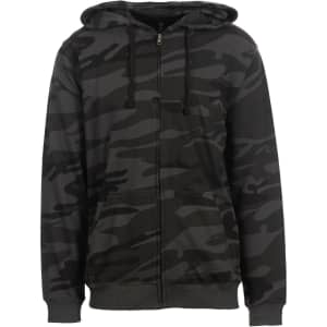 A black camo full zip hoodie with a front pocket and a hood. The garment features a logo on it.